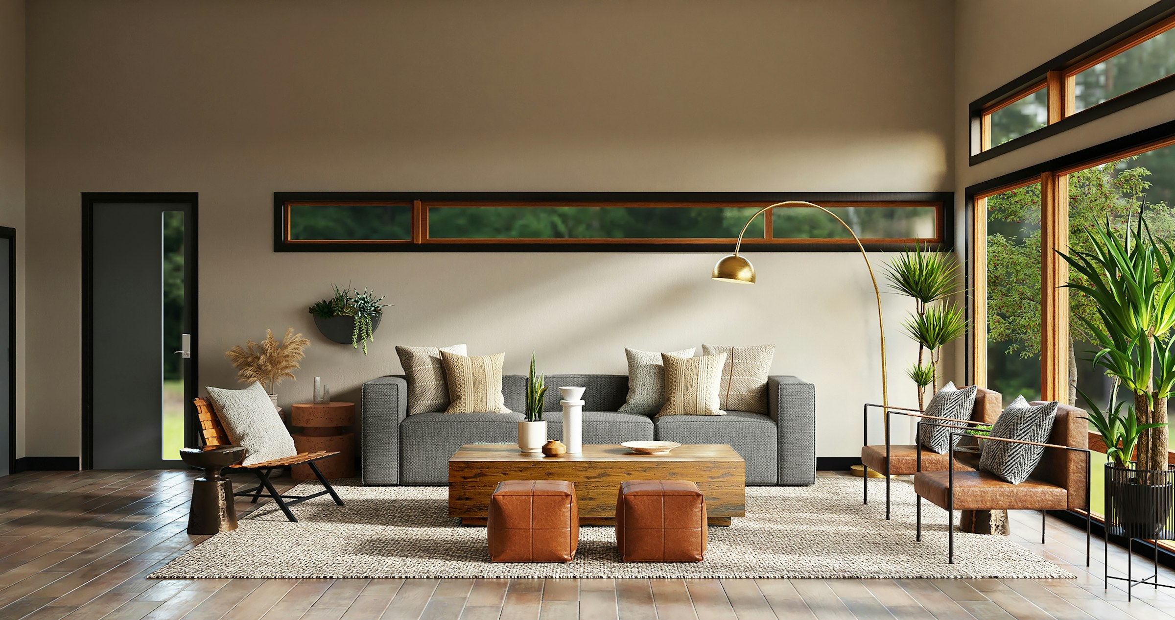Modern living room with neutral painted walls