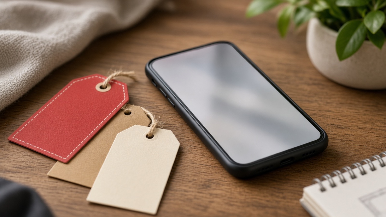 Shopping tags and a phone showing a deal badge on a desk