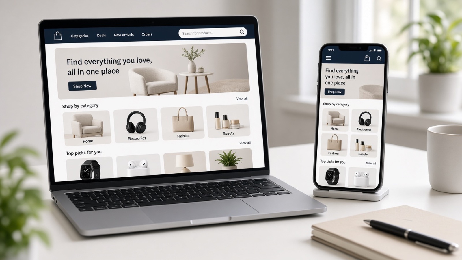 Laptop and phone side by side showing a shopping session