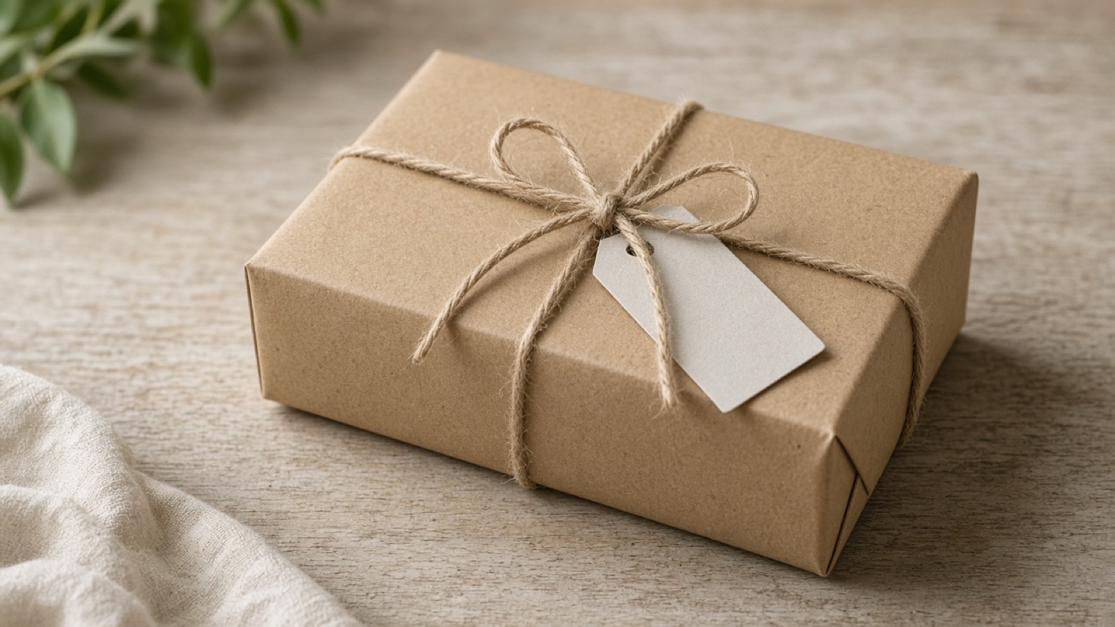 Wrapped gift box and kraft tag on a table with soft light