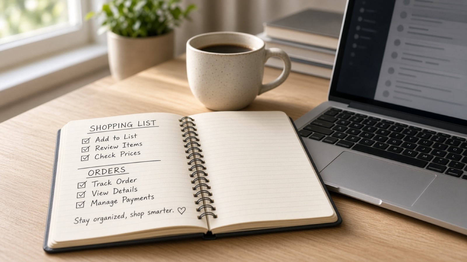 Notebook checklist beside a laptop shopping session