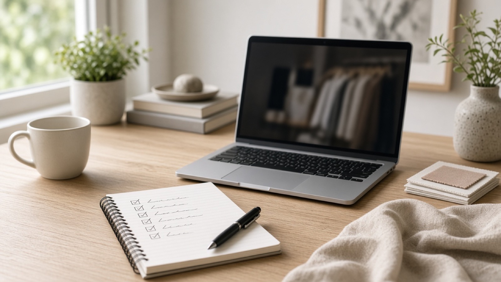 Laptop showing a blurred product page with a notepad checklist