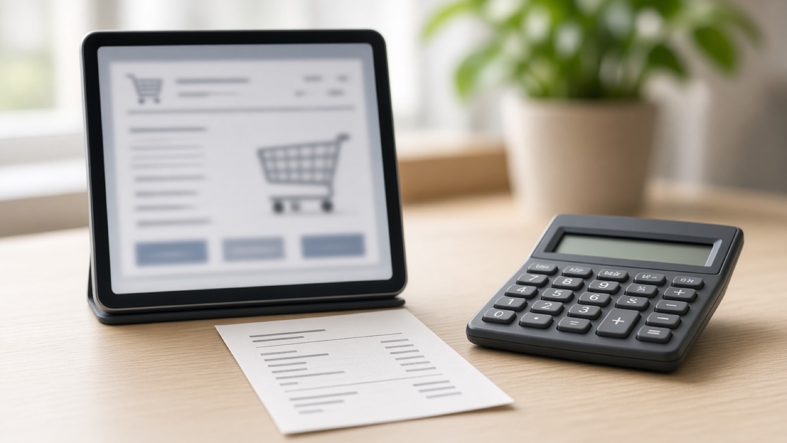 Receipt and calculator next to online shopping on a tablet