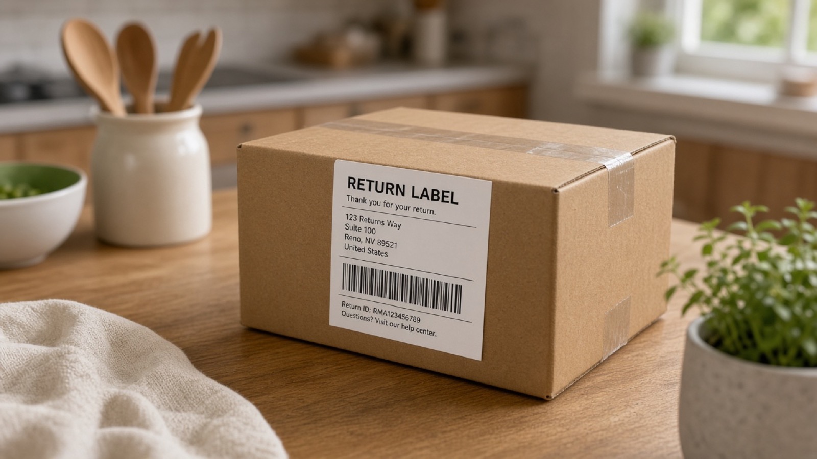 Cardboard package with return label on a home table