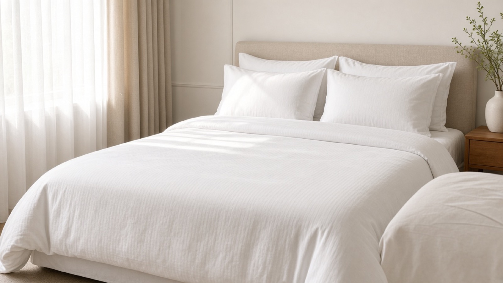 Neatly made bed with white sheets and pillows in soft morning light