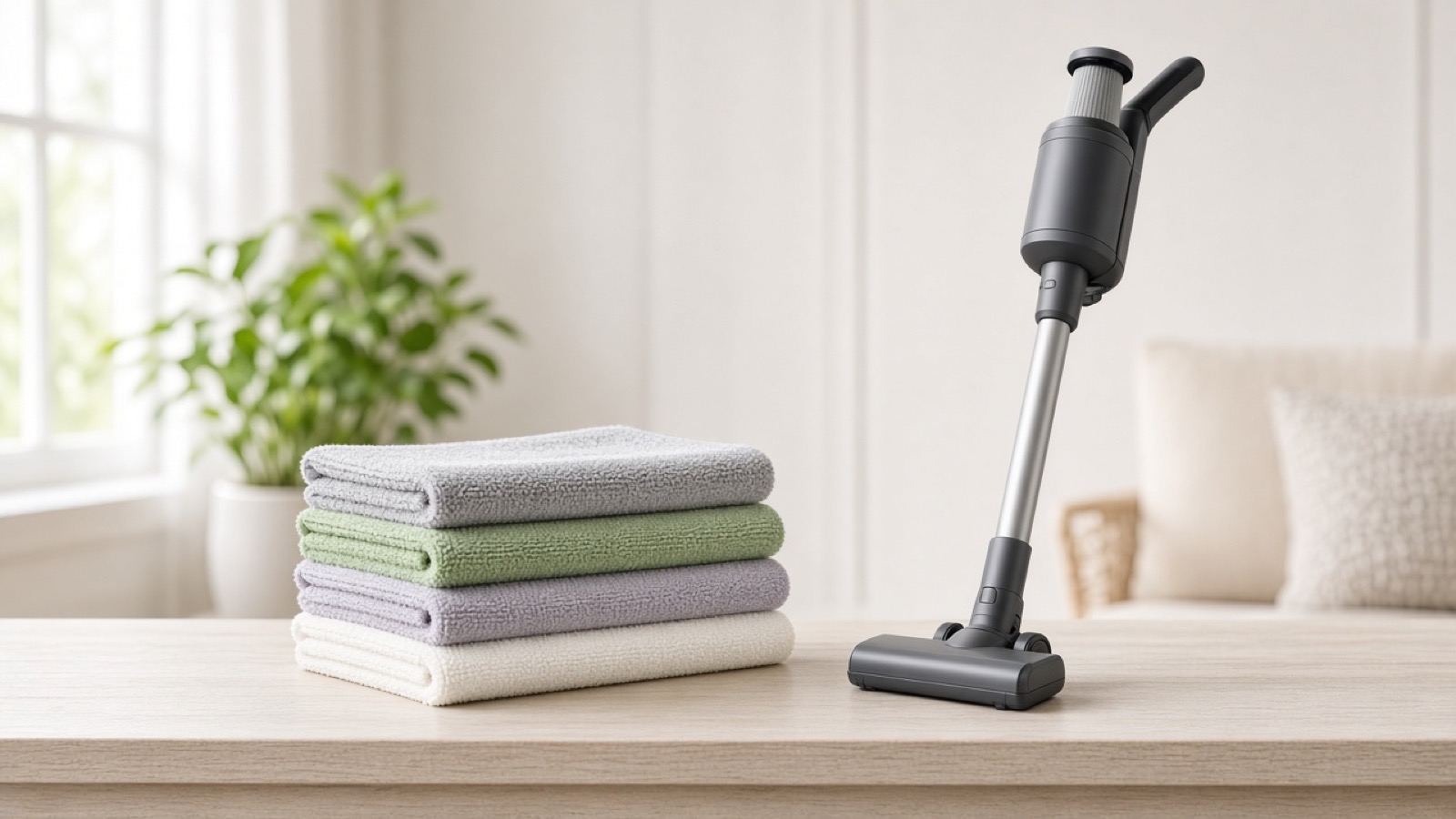 Cleaning cloths and a cordless stick vacuum in a bright room