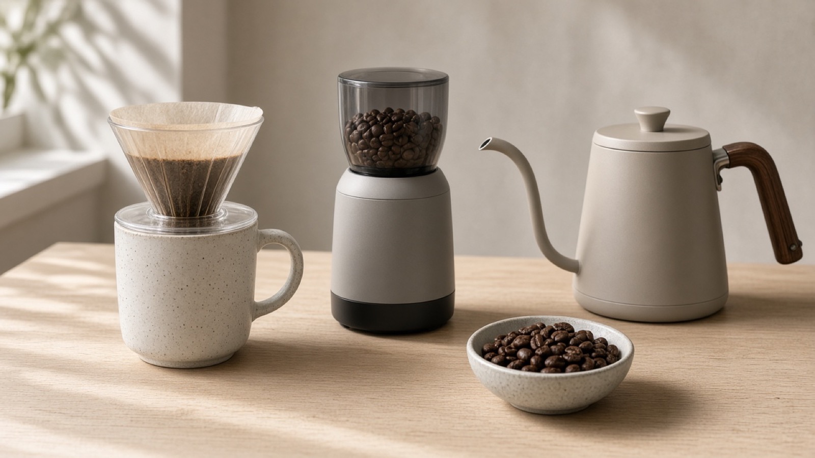 Pour-over dripper, grinder, kettle, and coffee beans on a counter