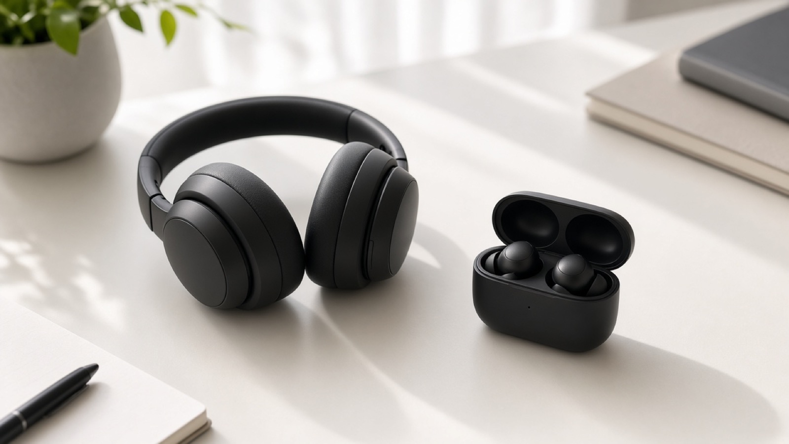 Over-ear headphones and wireless earbuds on a desk