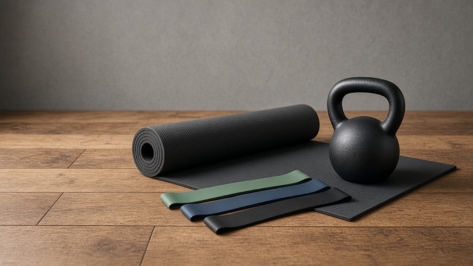 Yoga mat, resistance bands, and a kettlebell on a wood floor