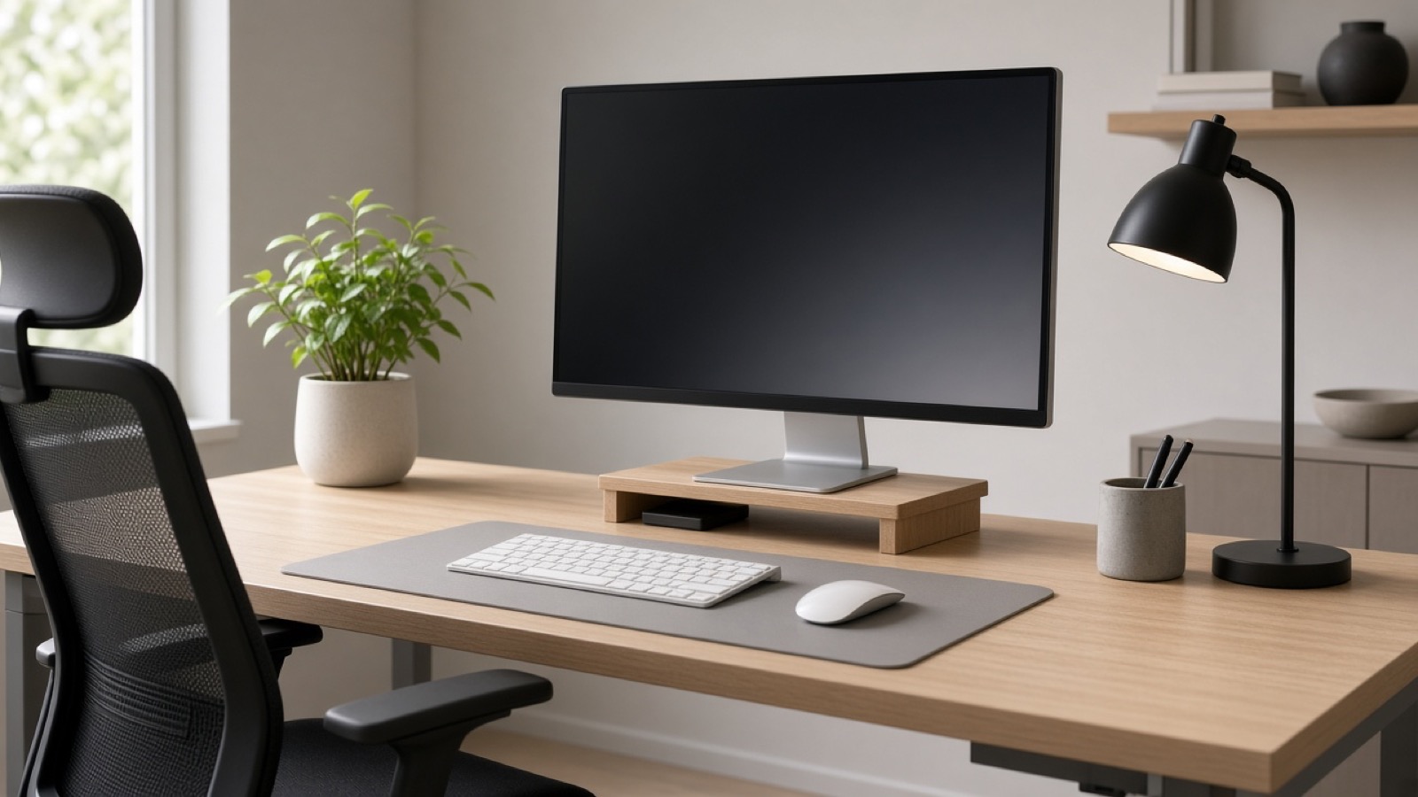Home desk with monitor, keyboard, lamp, and office chair