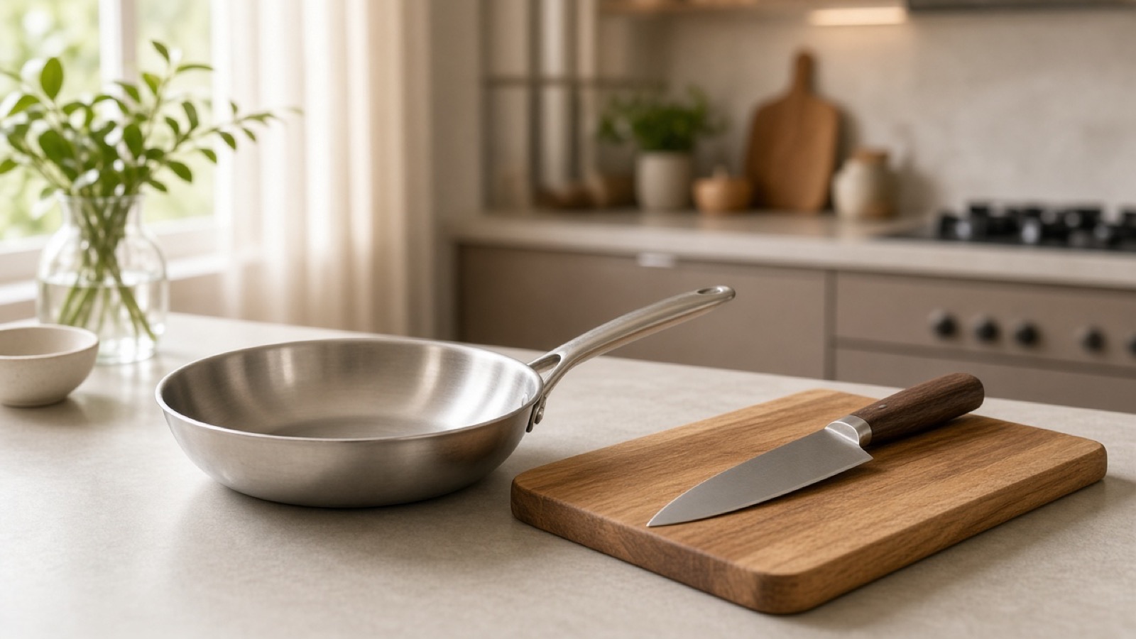 Skillet, cutting board, and chef knife on a kitchen counter