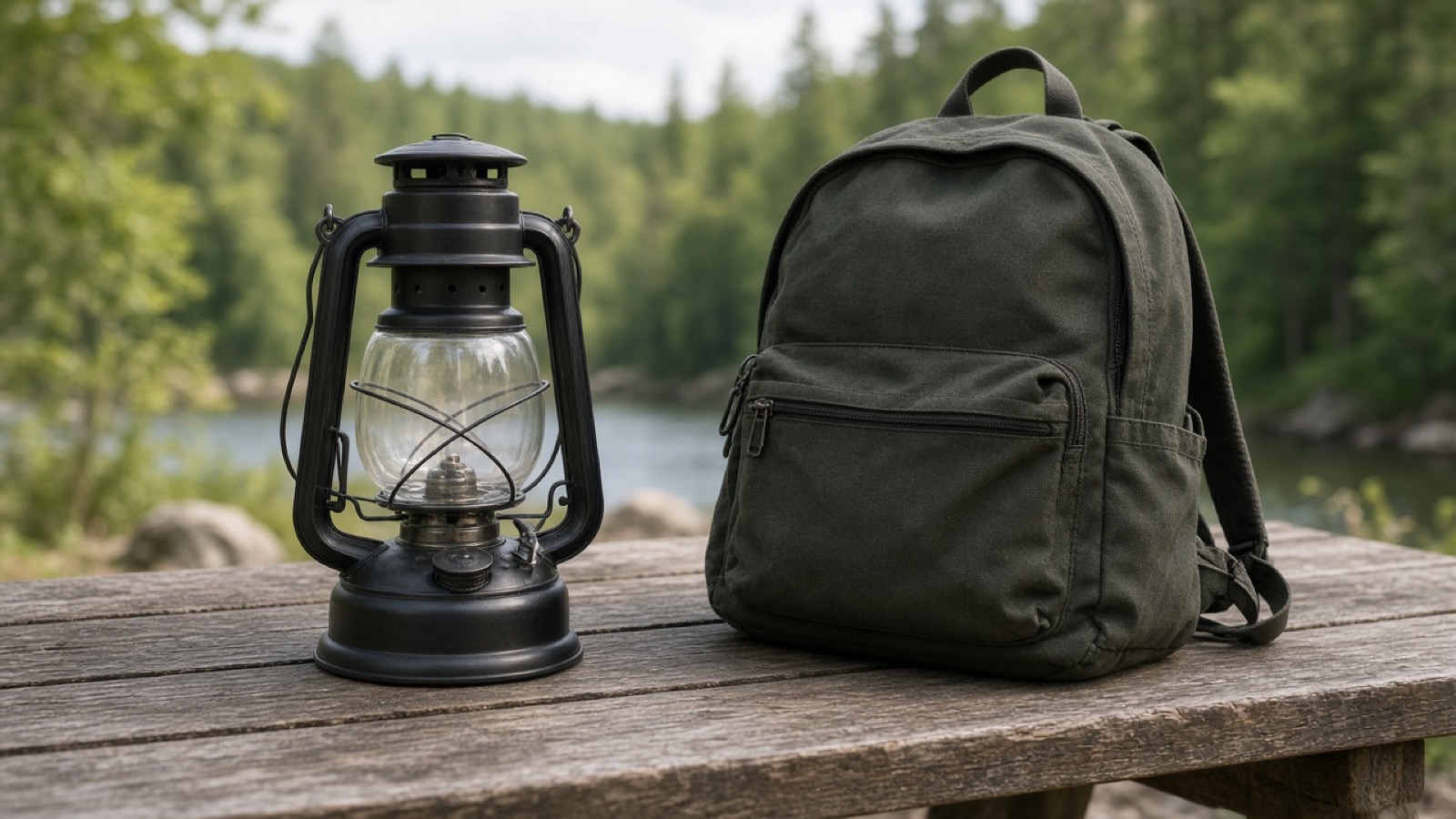Camping lantern and daypack on a picnic table outdoors