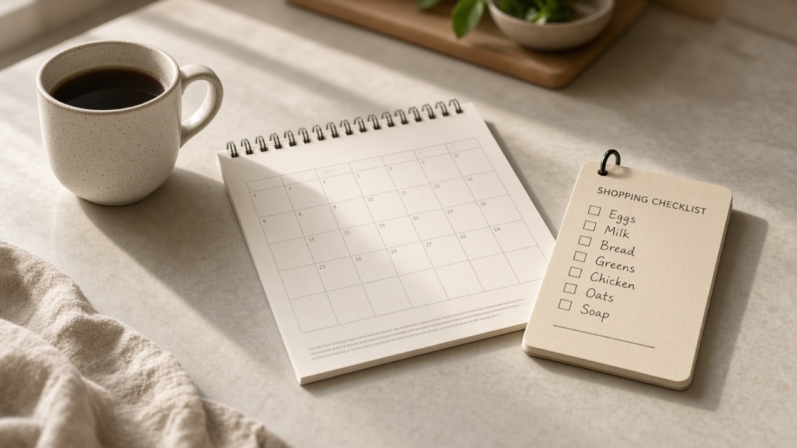 Calendar reminder and shopping checklist on a kitchen counter
