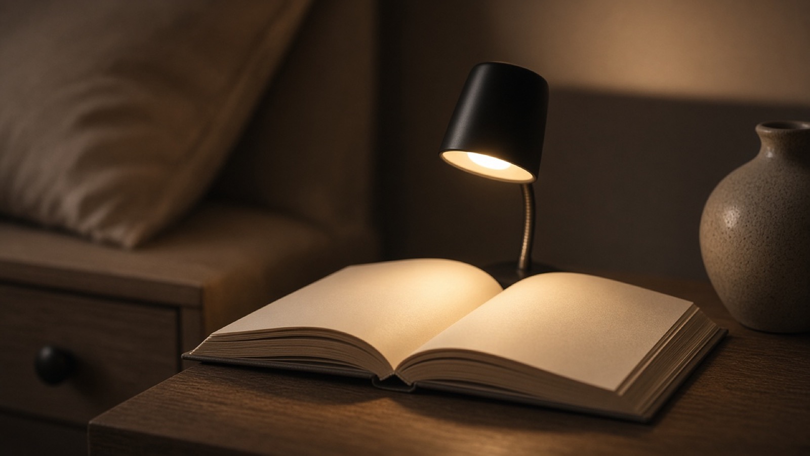 Open book with a reading light on a bedside table