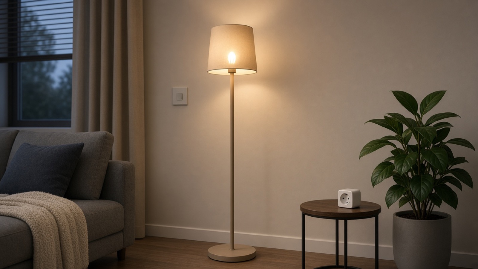 Living room lamp, wall switch, and smart plug in soft evening light