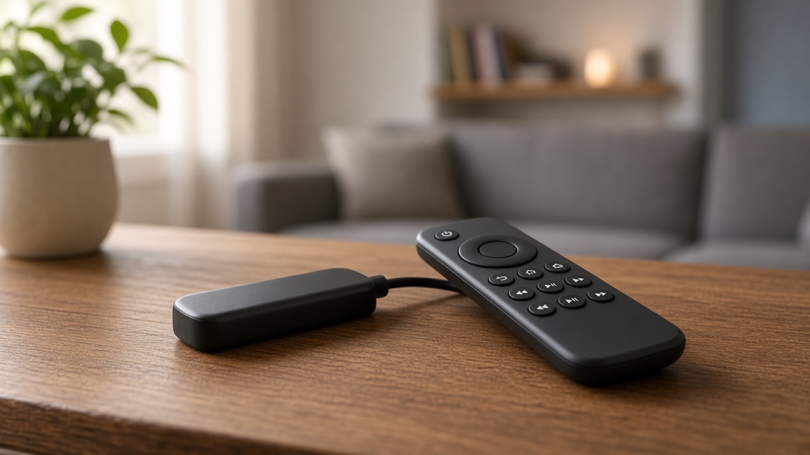 TV remote and streaming stick on a living room table