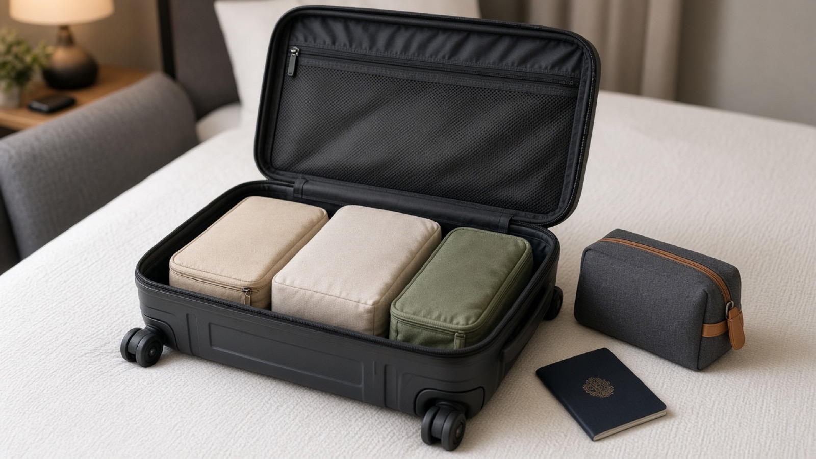 Open carry-on with packing cubes and a toiletry kit on a bed